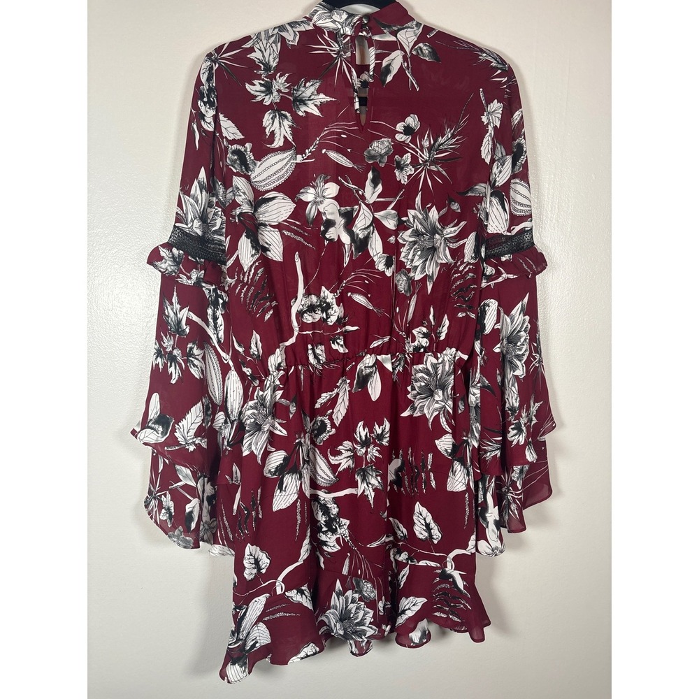 Parker NY Red Rooted Floral Mini Dress Lace Trim Bell Sleeve Women's S NWT - Picture 2 of 9